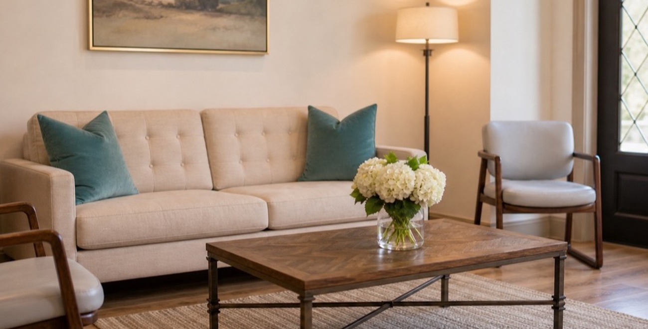 Comfortable, residential-style waiting lounge with soft daylight