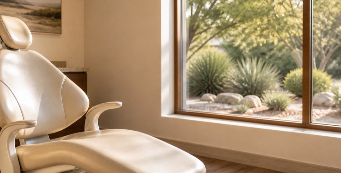 Calm treatment room with a cream chair beside a garden window