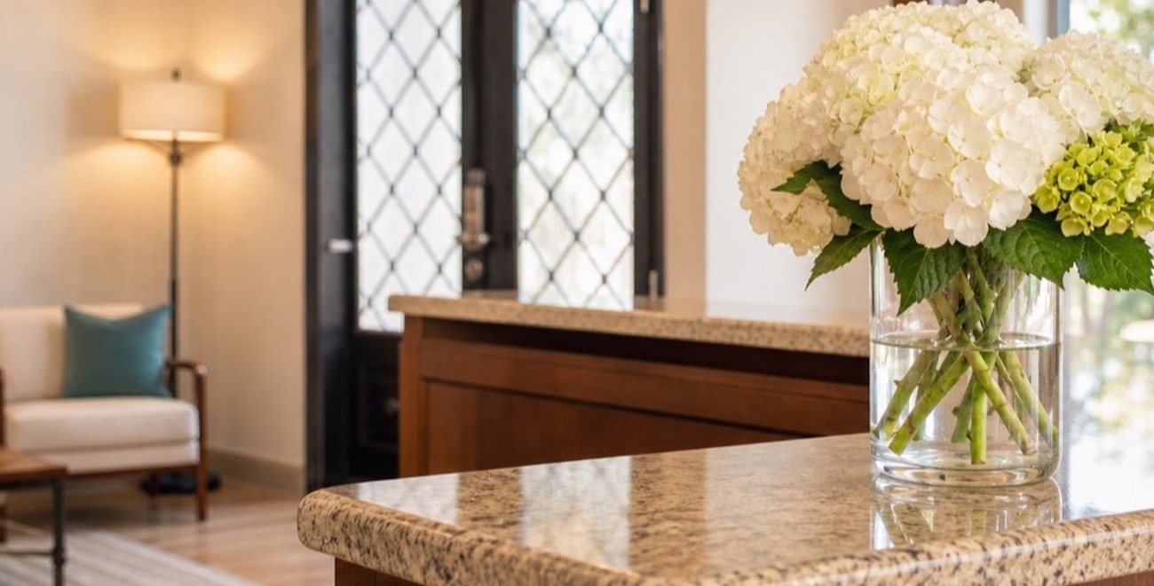 Welcoming front desk with fresh white hydrangeas