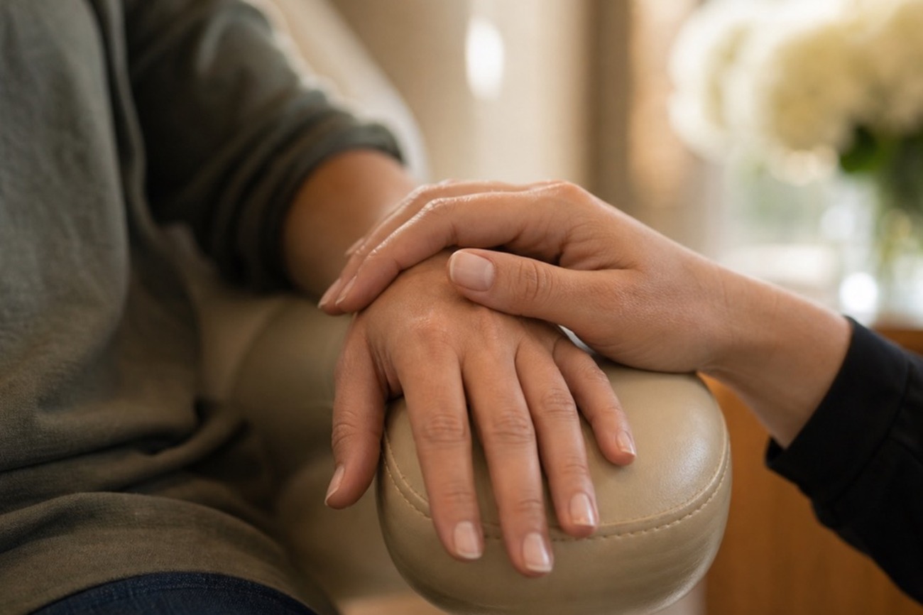 A patient's calm, relaxed hand resting on a dental chair armrest