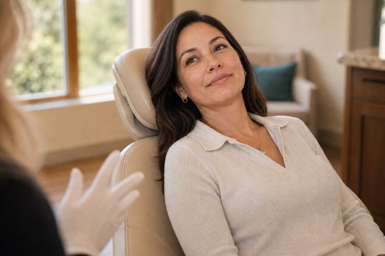 A calm, relaxed patient reclining comfortably in the chair
